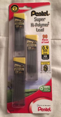 Pentel Super Hi-Polymer Lead Refills, 0.9Mm, Hb, Black, 3 Tubes Of 30, 90/Pack