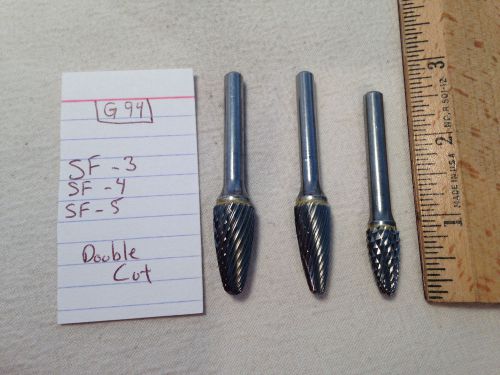 3 NEW 1/4&#034; (.250) SHANK CARBIDE BURRS. DB CUT. BURR # SF 3, 4, 5. USA MADE {G94}