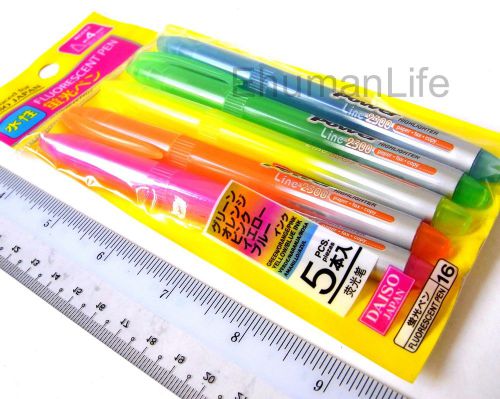 Daiso Japan 5pc Set FLUORESCENT PEN Water Based 5 Color 4mm Tip Highlighter 5.5&#034;