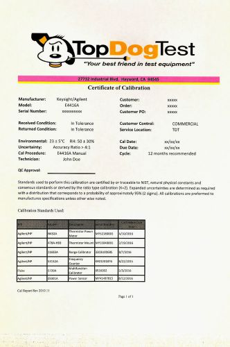 HP Agilent Keysight E4416A NIST Calibration with Certificate of your unit.