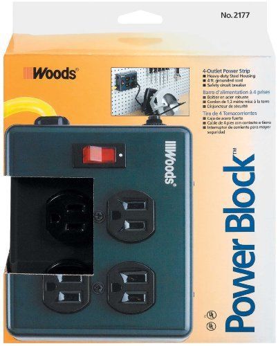 Woods 2177 4-outlet metal power block adapter with lighted switch for sale