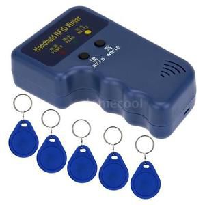 Handheld 125khz rfid id card duplicator + 5pcs writable em4305 key cards 4d0a for sale