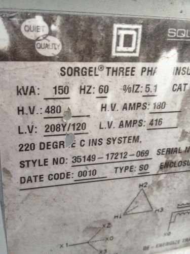 Square d sorgel 150 kva transformer 480 to 208 v for sale