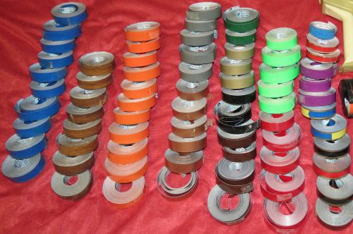 Lot of 73 vintage dymo 1/2 inch labels, blue orange red green black wood copper for sale