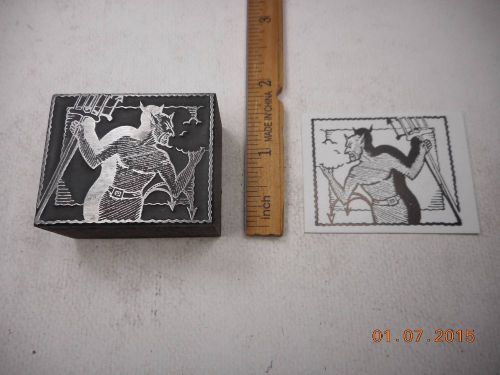 Letterpress Printing Printers Block, Devil w Pitchfork casting Shadow