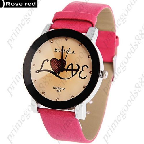 Love Rhinestones PU Leather Ladies Analog Quartz Wristwatch Women&#039;s Rose Red