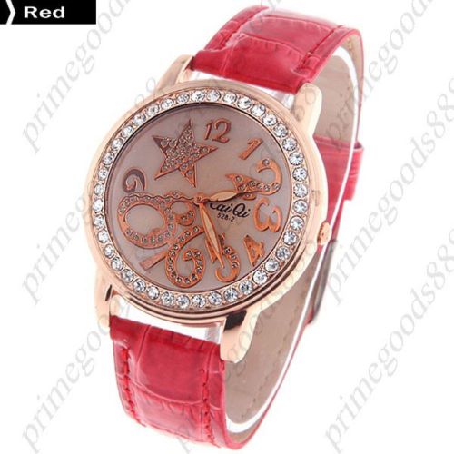 Round star pu leather lady ladies wrist quartz wristwatch women&#039;s red for sale