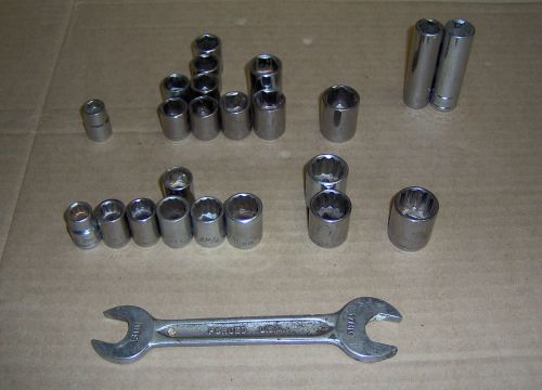 Twenty three (23) 6 &amp; 12 point sockets 1/4&#034; 3/8&#034; &amp; 1/2&#034; drive craftsman + wrench for sale