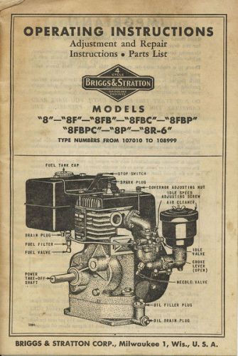 BRIGGS &amp; STRATTON MODEL 8 REPAIR MANUAL PARTS OWNERS SERVICE OPERATORS 8F BS