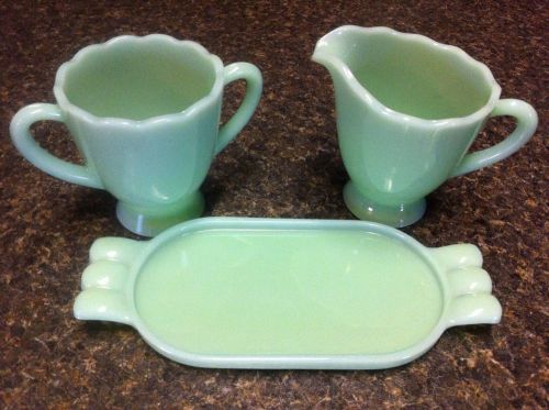 Jadeite glass Creamer &amp; sugar coffee set w/ tray jade jadite green milk art