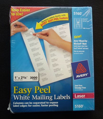 **NEW** Avery 5160 White Laser Address Labels, 1&#034; x 2 5/8&#034;, Box Of 3,000