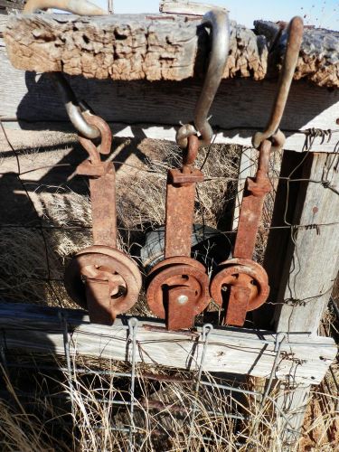 3 VINTAGE MEAT HOOKS W/ TROLLEY PULLEY BARN ROLLERS (3 SIZES.)