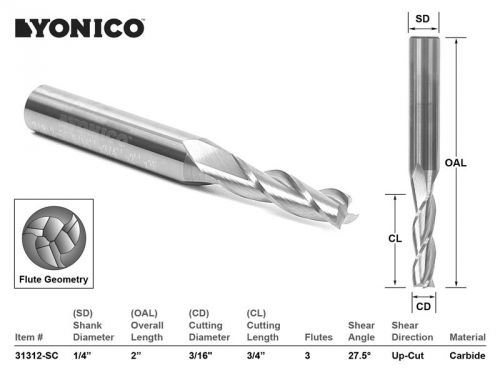 Cnc router bit up cut solid carbide 3/16&#034; x 3/4&#034; x 1/4&#034; x 2&#034; - yonico 31312-sc for sale