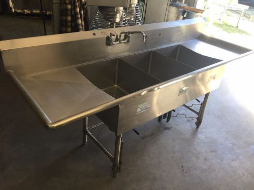 94&#034; stainless steel 3 compartment commercial sink with 2 drainboards &amp; faucet for sale