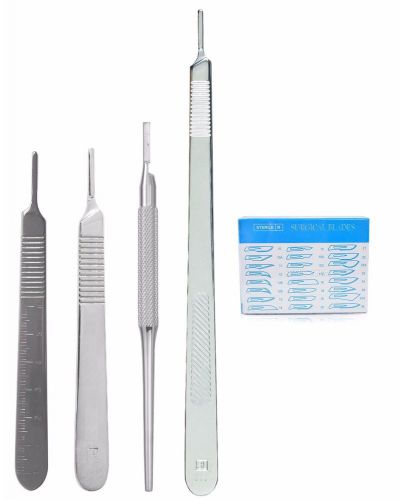 4 ASSORTED SCALPEL KNIFE HANDLE #3 + 100 SURGICAL STERILE DISSECTING BLADES #15