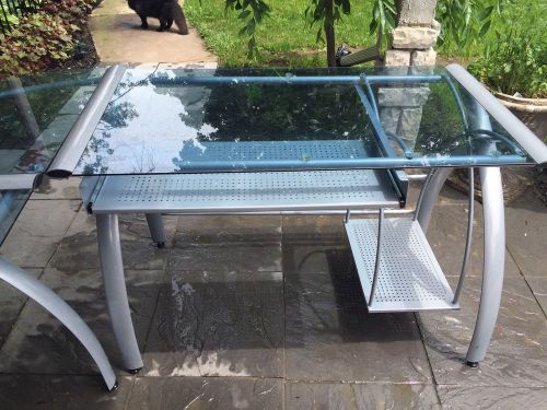 Glass And Metal Blue and Gray Corner Computer Desk