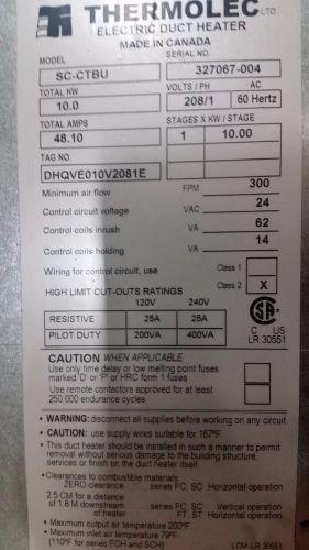 Thermolec, Duct Heater, 10.0kw 208v 1 phase 48.10 amps