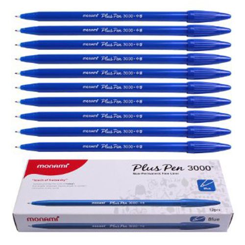 Monami Plus 3000 Office Sign Pen Felt Tip Water Based Ink Blue Color [12 Pcs]