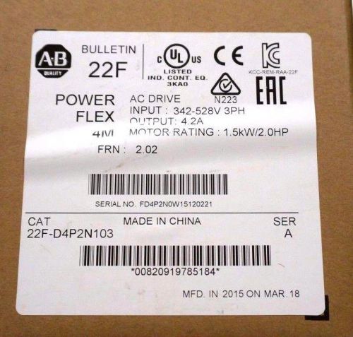 NEW SEALED ALLEN BRADLEY 22F-D4P2N103 SER. A POWERFLEX 2HP, 4.2A, FRN: 2.02, 3PH