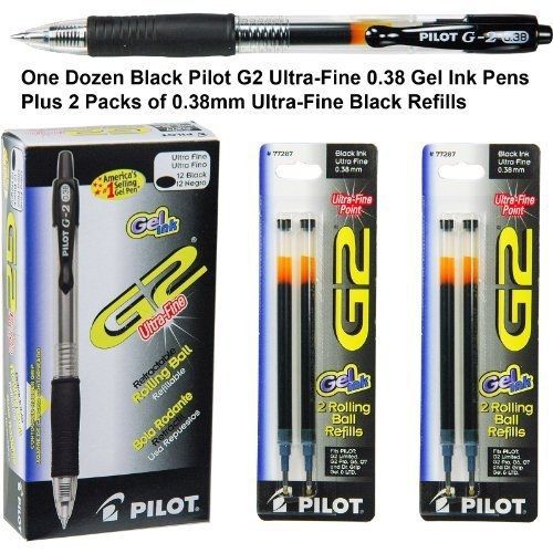 G2 Pens One Dozen 31277 Black Pilot G2 Ultra-fine 0.38mm Gel Ink Pens, Plus 2