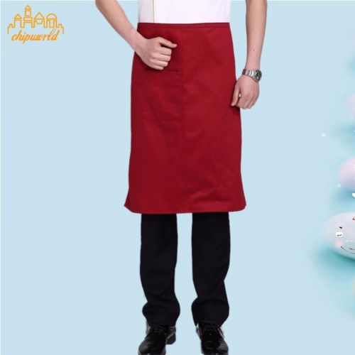 Dark red cooking half long apron with pocket restaurant bar kitchen waist apron for sale