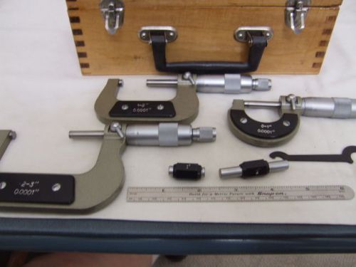 METAL WORKING  3 PC  MICROMETER  0-3&#034;   IN A WOOD BOX