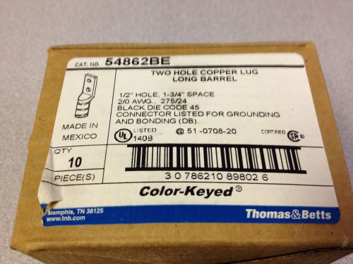 Thomas and Betts 54862BE CK Lug 2/0 Awg  1/2&#034; Holes  Black Die Code *Box of 10*