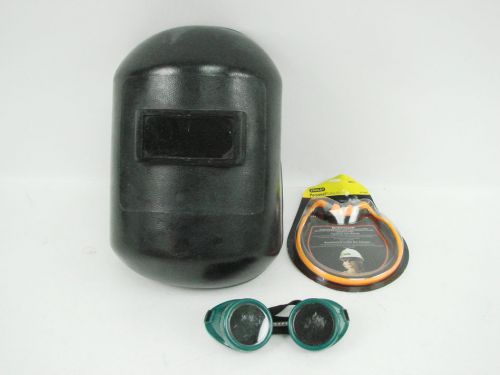 Century black plastic welding mask helmet + sellstrom green z87 goggles earplugs for sale