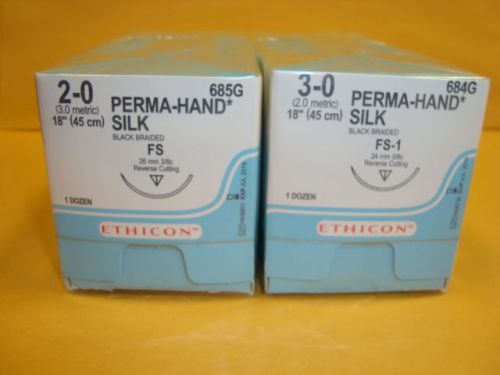 3-0 perma-hand silk ethicon 684g &amp; 2-0 ethicon 685g 1 dozen in each sealed box for sale