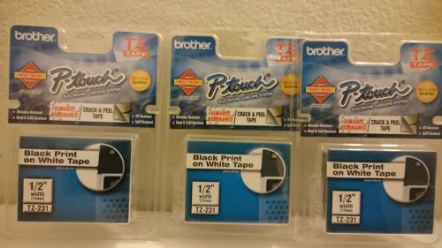 Lot of THREE 1/2&#034; P-TOUCH TZ TAPE - BLACK PRINT ON WHITE TAPE - MPN TZ231