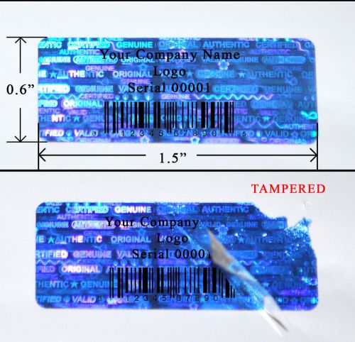 2,000 TAMPER EVIDENT SECURITY STICKERS BLUE HOLOGRAM 1.5&#034; X 0.6&#034;  CUSTOM PRINTED