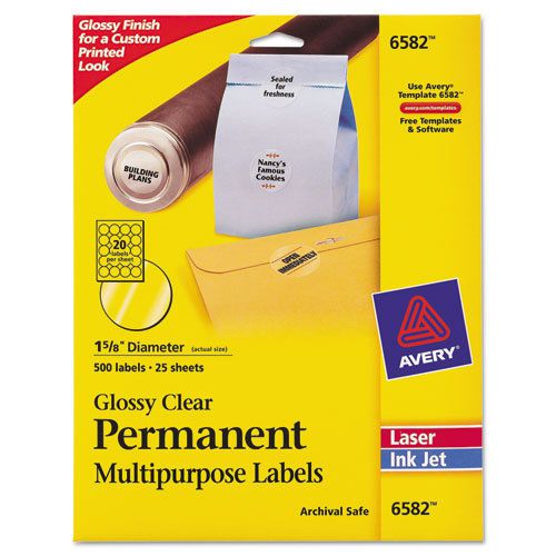 Permanent clear round id labels for laser/inkjet printers, 1-2/3&#034; dia., 500/pack for sale