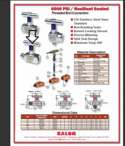 BALON 1/2&#034; M X F 6000# ALL STAINLESS STEEL NEEDLE VALVE N465-MF (BRAND NEW)