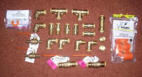 17 PC LOT OF NEW 1/2 INCH SHARKBITE PLUMBING FITTINGS PLUS 4 VALVES &amp; TOOLS