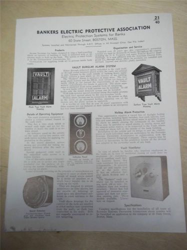 Vtg bankers electric protective association catalog insert/page~vault alarm~1939 for sale