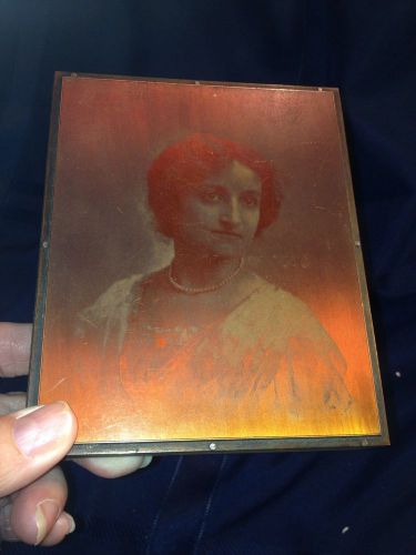 VINTAGE COPPER PHOTO PRINTING PLATE ON WOOD BLOCK - Woman Photography Collector