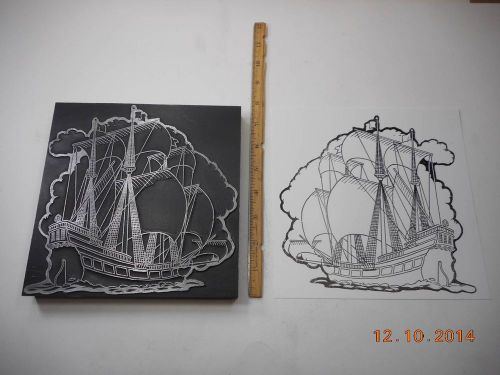 Letterpress Printing Printers Block, Large, Tall Sails Sailing Ship w Rudder