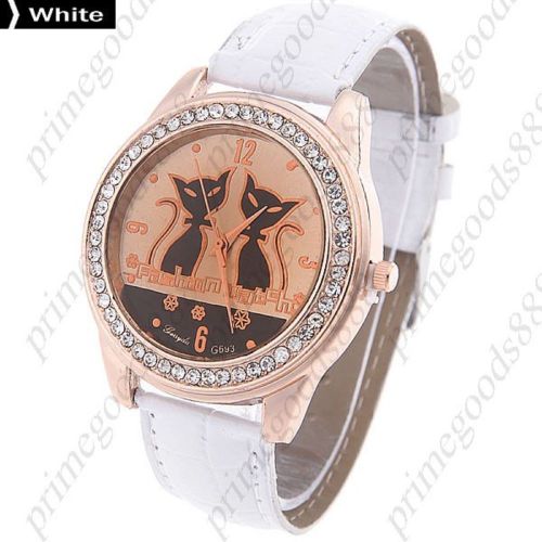 Cat cats rhinestones pu leather quartz lady ladies wristwatch women&#039;s white for sale