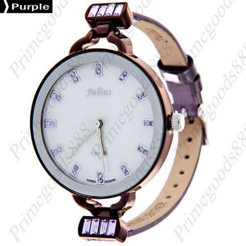 Round Rhinestone PU Leather Quartz Wrist Lady Ladies Wristwatch Women&#039;s Purple