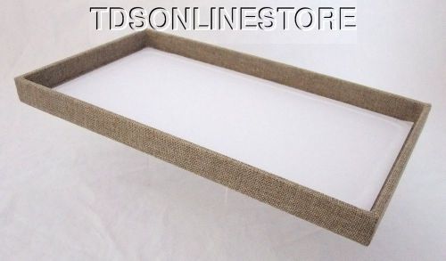 LARGE WOOD JEWELRY TRAY BURLAP COVERED