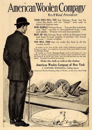 1911 ad american woolen fabrics oswego serge gentleman animal cloth cane hm1 for sale