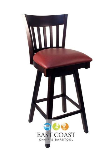 New Gladiator Walnut Vertical Back Wooden Swivel Bar Stool with Wine Vinyl Seat