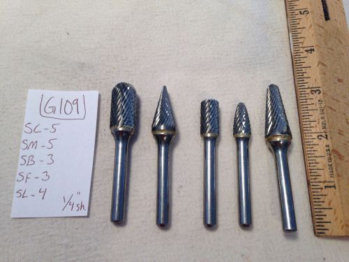 5 NEW 1/4&#034; (.250) SHANK CARBIDE BURRS. DB CUT SC-5, SF-3, SB-3, SM-5,SL-4 {G109}