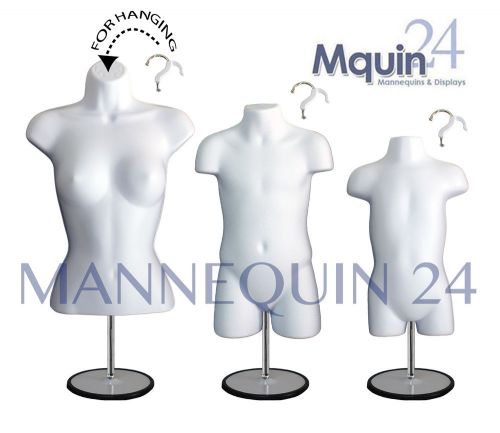 3 mannequins-female, child &amp; toddler body forms in white  +3 stands +3 hangers for sale