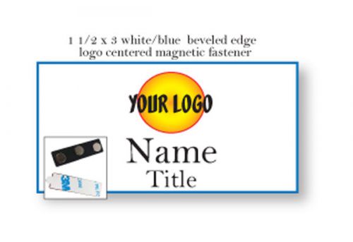 1 WHITE BLUE NAME BADGE COLOR LOGO CENTERED 2 LINES OF IMPRINT MAGNET FASTENER