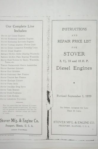 Stover Diesel Engine instruction book manual hit miss 10 15 HP motor parts list