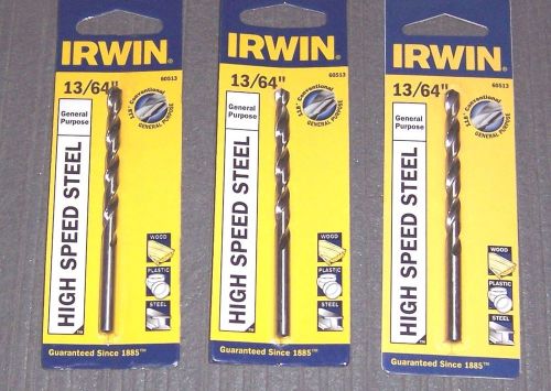 3 ea. 60513 Irwin 13/64&#034; Jobber Length HSS Drill Bits