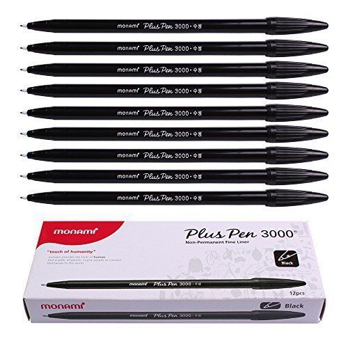 Monami Plus 3000 Office Sign Pen Felt Tip Water Based Ink Black Color [12 Pcs]