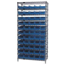 Wire Shelving With (55) 4&#034;H Plastic Shelf Bins Blue, 36x14x74