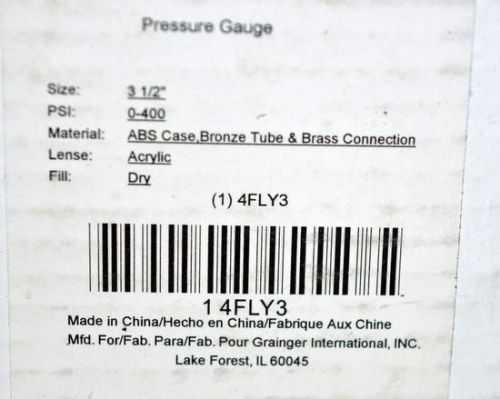 Pressure Gauge 4FLY3, 3 1/2&#034;, PSI 0-400, Acrylic Lense, Fill: Dry.